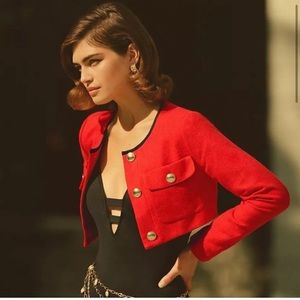 Anthropologie Maeve Christmas Red Tweed Cropped  button Jacket